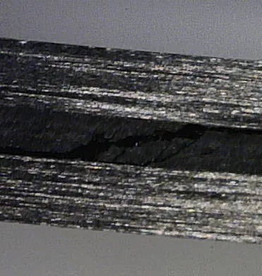 Macrographie de la tranche montrant une fissure horizontale entre les plis.